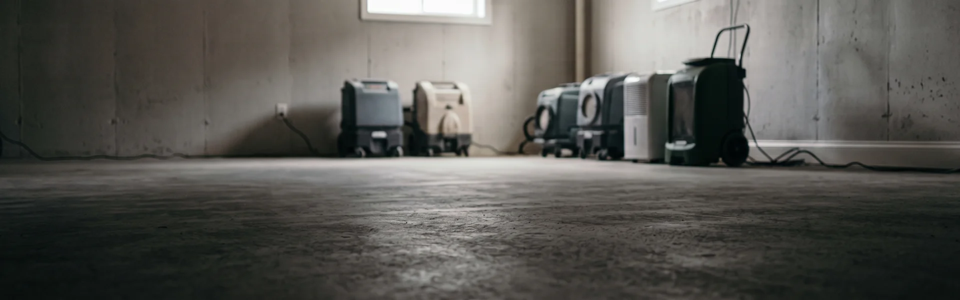 HEPA air scrubbers and dehumidifiers running in a cleared basement