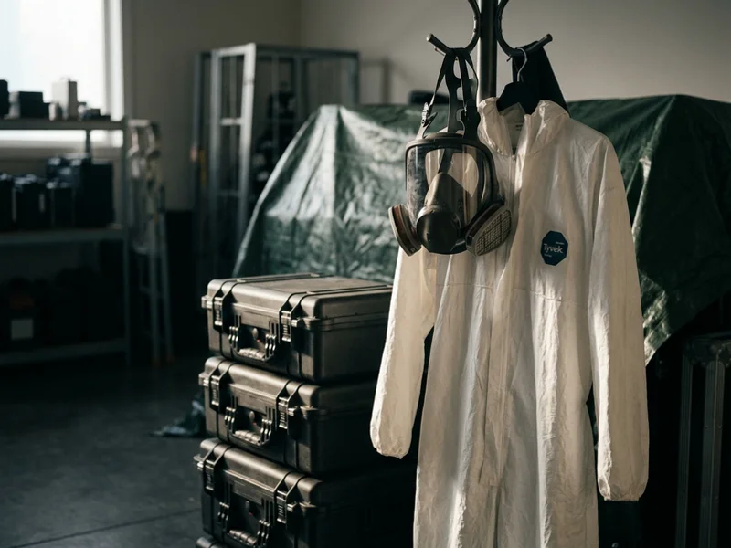 Full-face P100 respirator and Tyvek coveralls hanging beside equipment cases