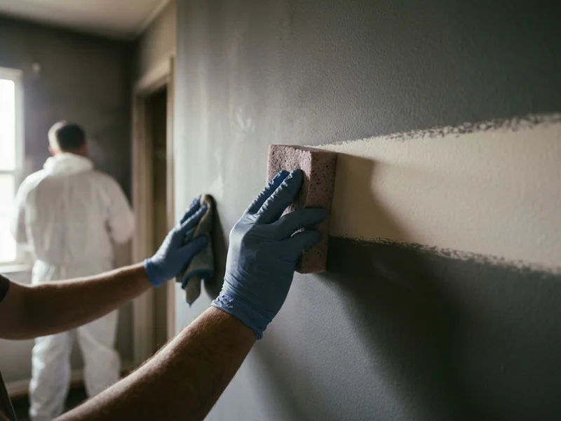 Gloved hand drawing a dry chemical soot sponge across a wall
