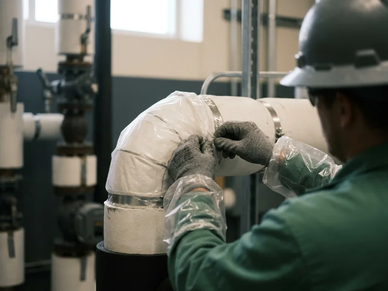 Gloved hands performing a glove-bag removal on an insulated pipe elbow