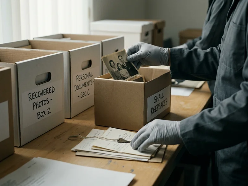 Gloved hands sorting recovered documents and keepsakes into labelled archive boxes