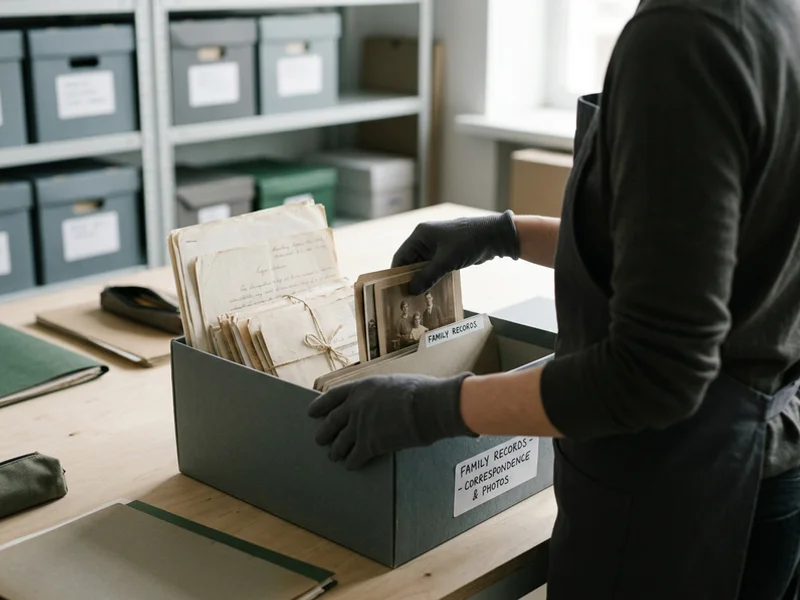 Hands placing letters, photographs, and legal papers into a labelled archive box