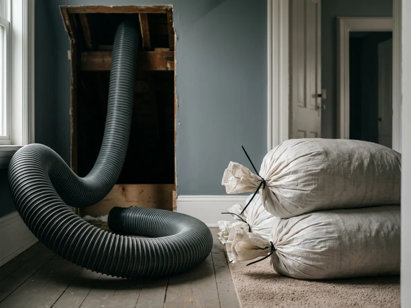 Insulation extraction vacuum hose running into an attic hatch with collection bags