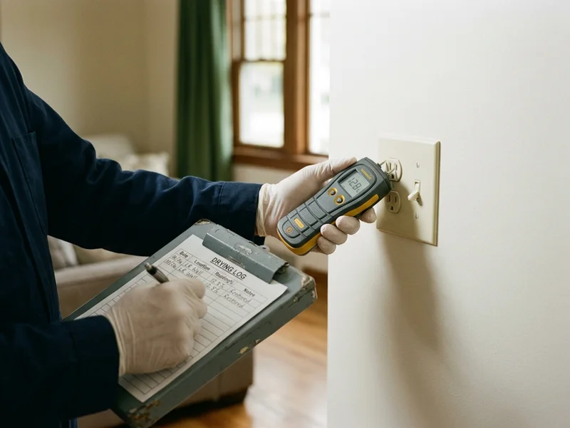 Hands holding a moisture meter against a wall plate while recording a drying log