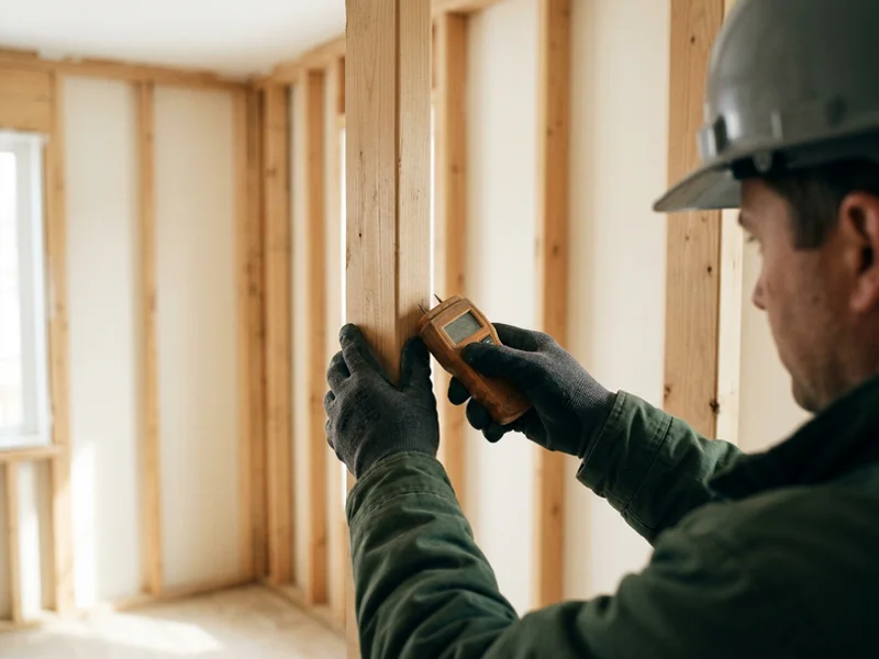 Hands holding a pin-type moisture meter against a bare wall stud