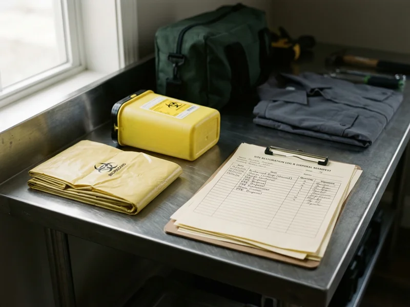 Biohazard disposal liners and sharps container staged beside manifest paperwork