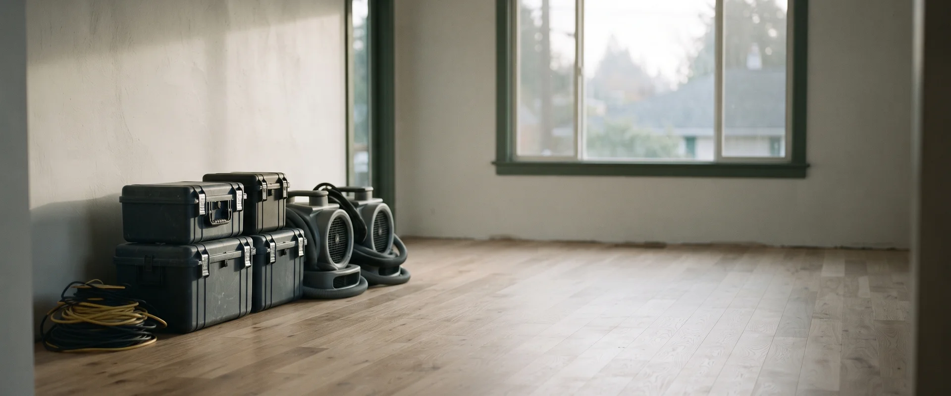 Restoration equipment staged in a cleared and restored room