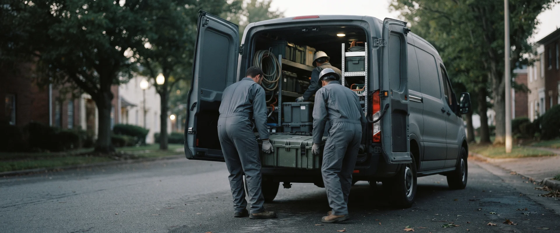 Restoration workers in plain coveralls loading sealed equipment cases into an unmarked van at dawn