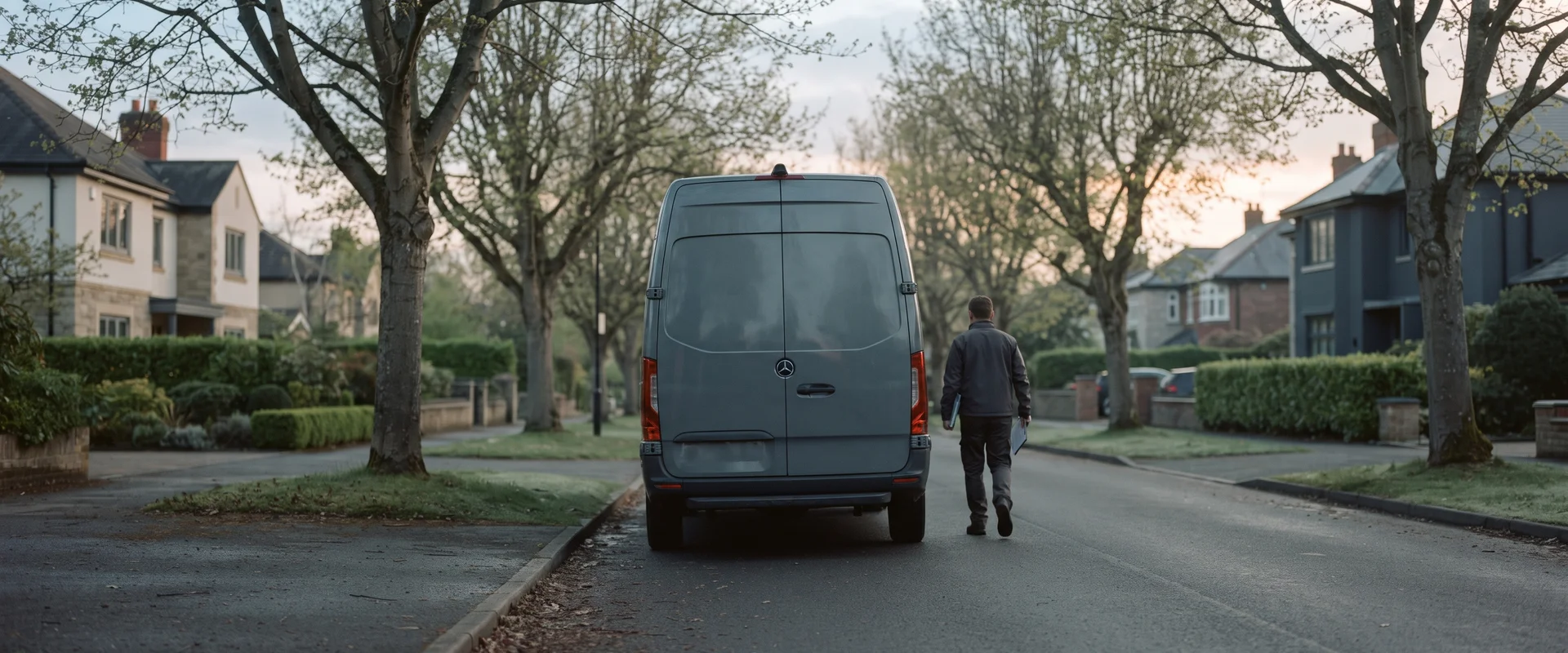 Unmarked restoration vehicle on a quiet residential street