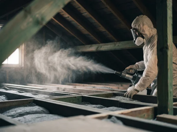Bio-fogging applicator treating bare attic joists with virucide mist