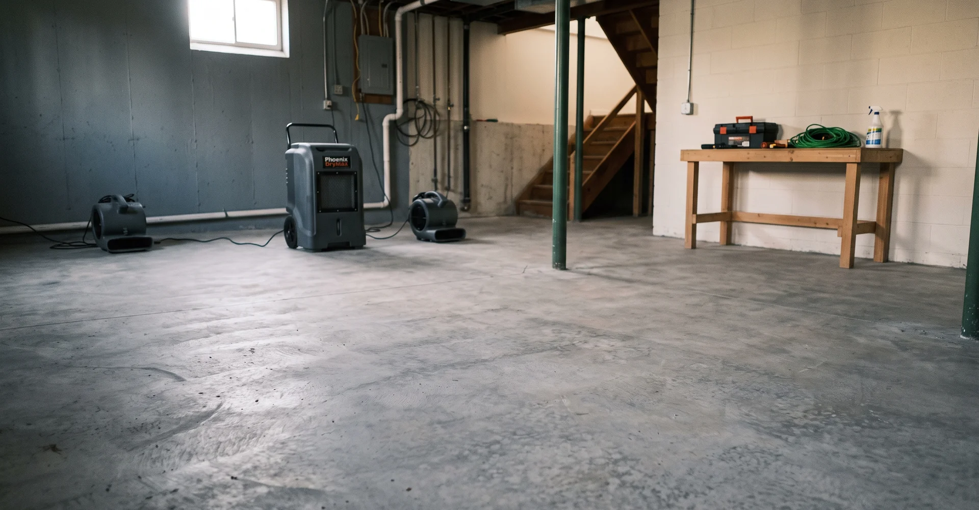 Clean bare concrete basement floor with drying equipment after decontamination