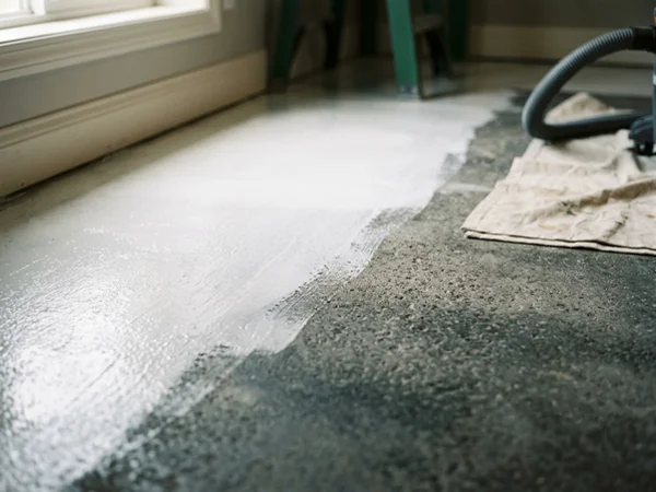 Cleaned and sealed bare subfloor with fresh encapsulant coating