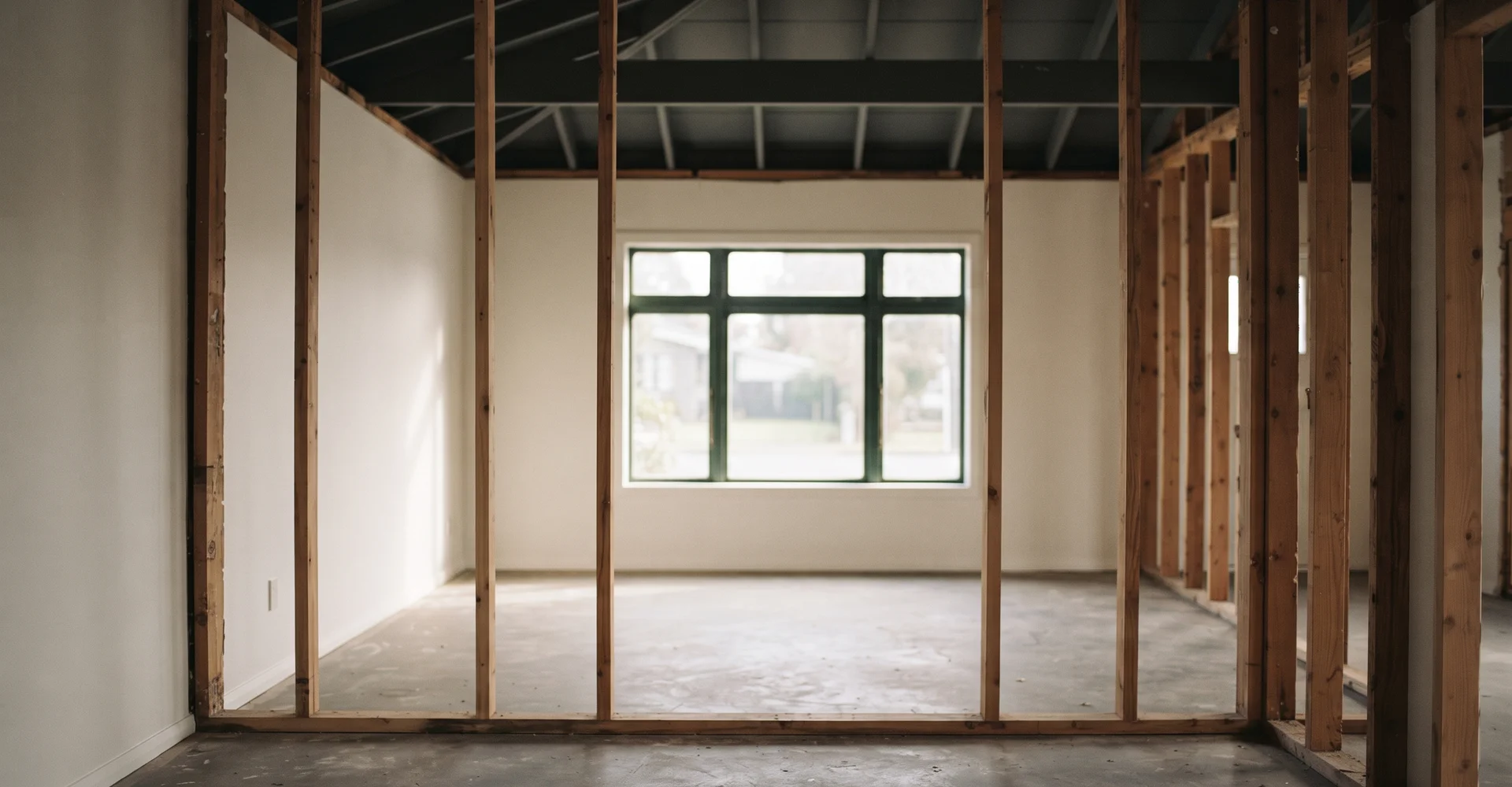 Cleaned and stripped interior with bare framing after fire restoration