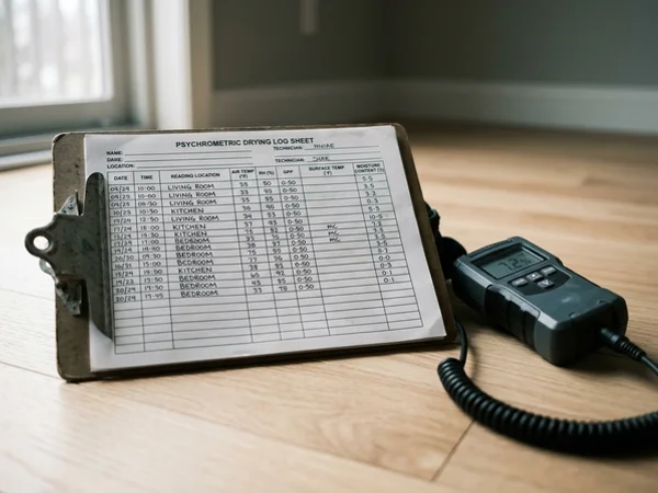 Completed psychrometric drying log on a clipboard