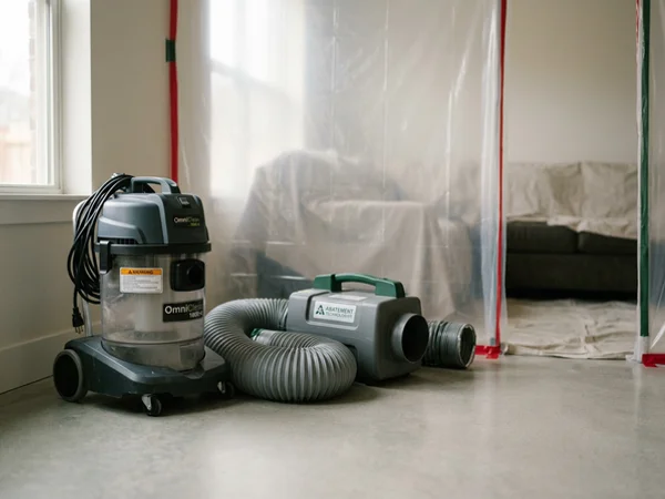 DOP-tested HEPA vacuum and negative air unit staged outside a sealed enclosure