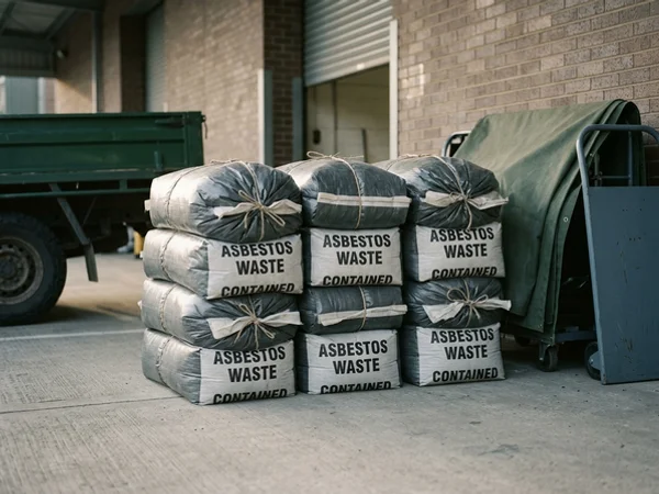 Double-bagged and labelled asbestos waste staged for transport