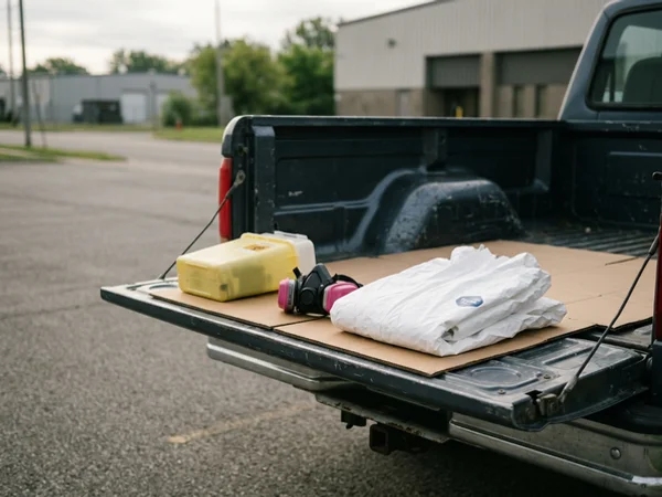 Protective coveralls, respirator, and sharps container laid out before a job