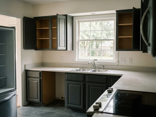 Cleaned empty kitchen with wiped counters ready for property turnover