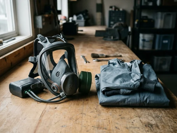 Full-face respirator and chemical protective coveralls laid out on a workbench