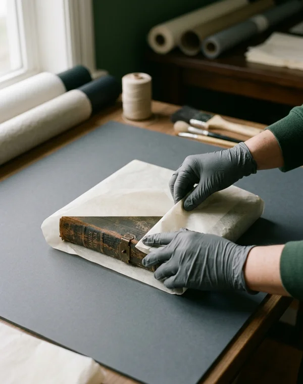 Gloved hands wrapping a recovered family photo album on a clean work table