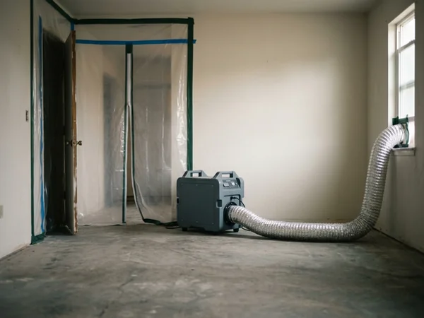 HEPA 500 air filtration device running behind a zippered containment entry