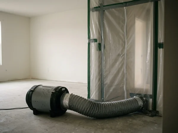 HEPA air scrubber running beside a sealed containment doorway