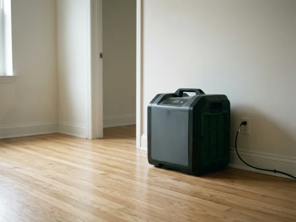 HEPA and activated carbon filtration unit running in an empty room
