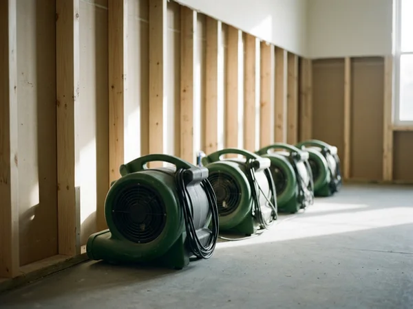 Row of centrifugal air movers positioned along a stripped wall cavity