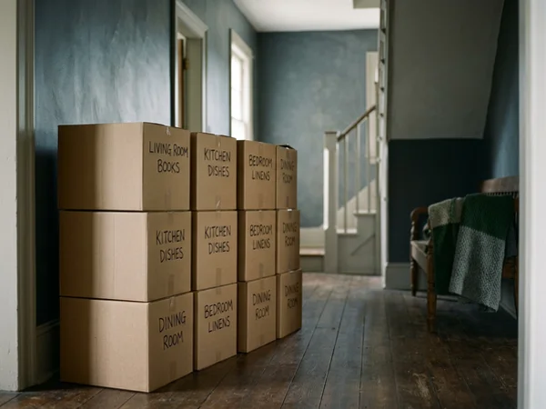 Donation cartons labelled by room in a cleared front hall