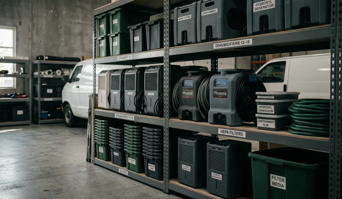 Organised equipment bay with air scrubbers, dehumidifiers, and containment supplies