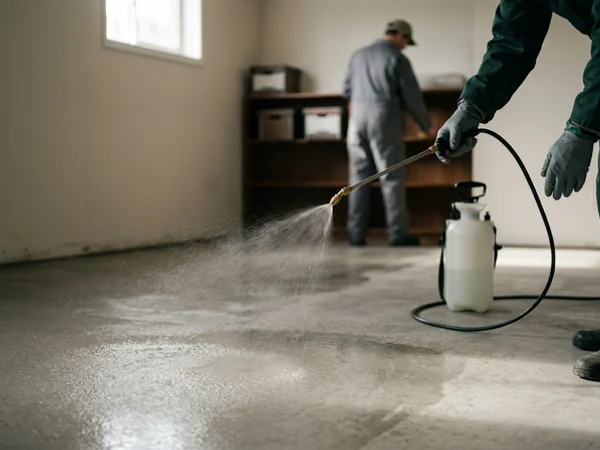 Pressure sprayer applying disinfectant to a bare concrete basement floor