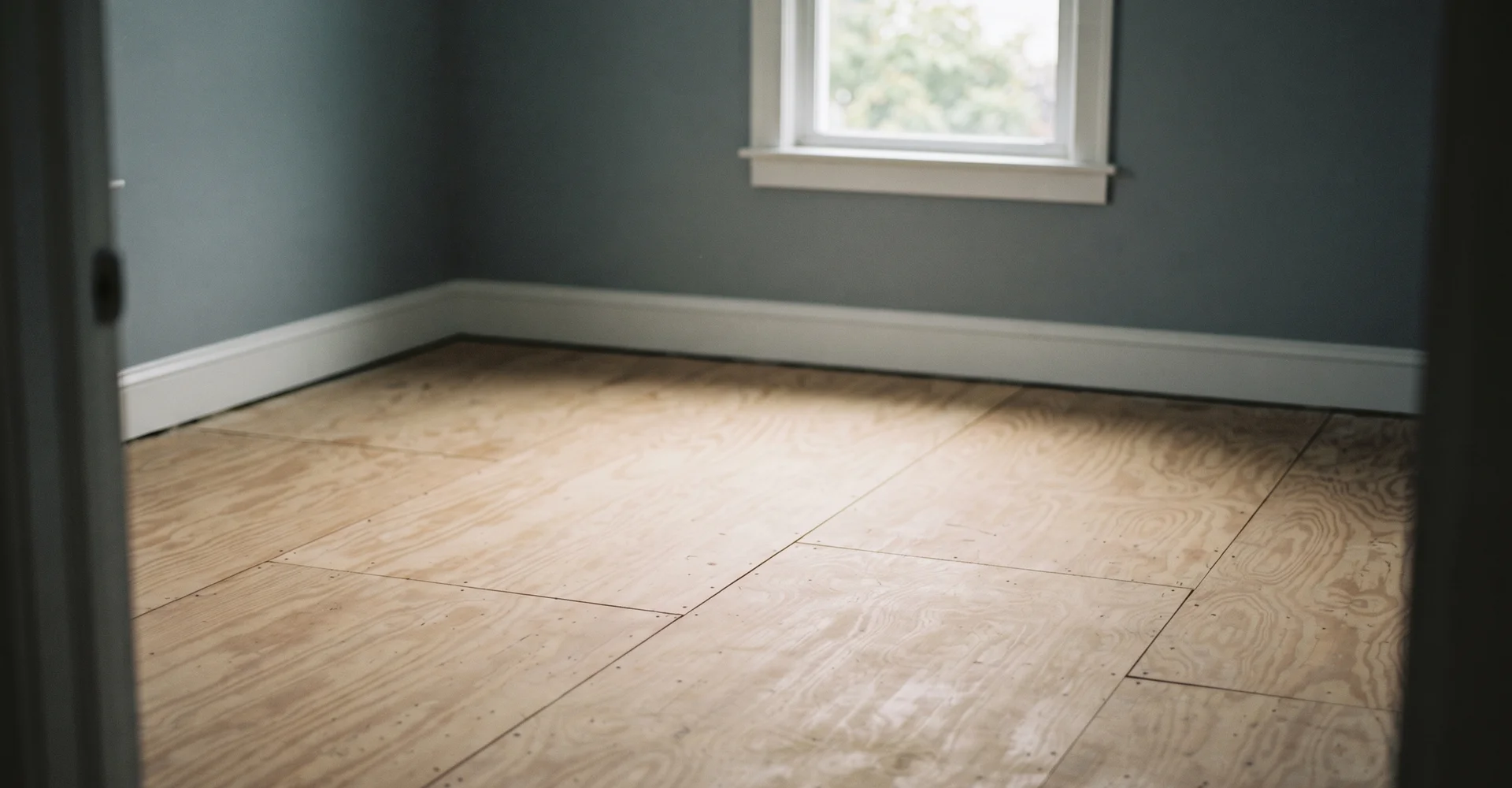 Quiet empty room with restored bare subfloor after full decontamination