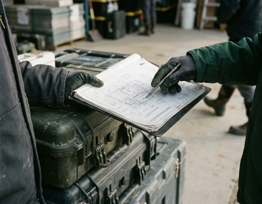 Crew reviewing a site plan on a clipboard beside equipment cases