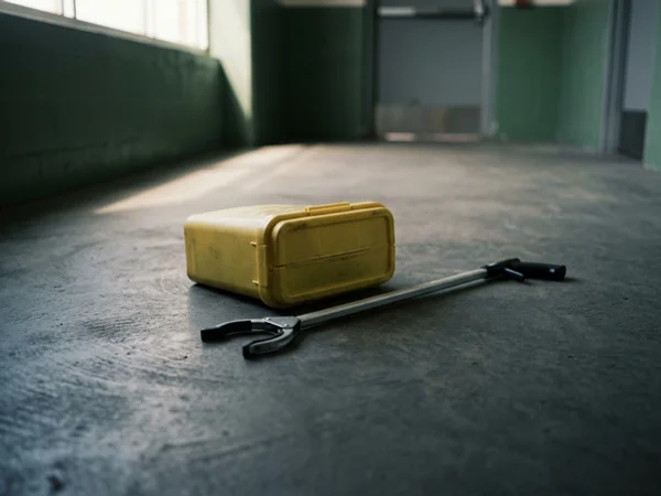Rigid sharps container and grabber tool after a needle sweep