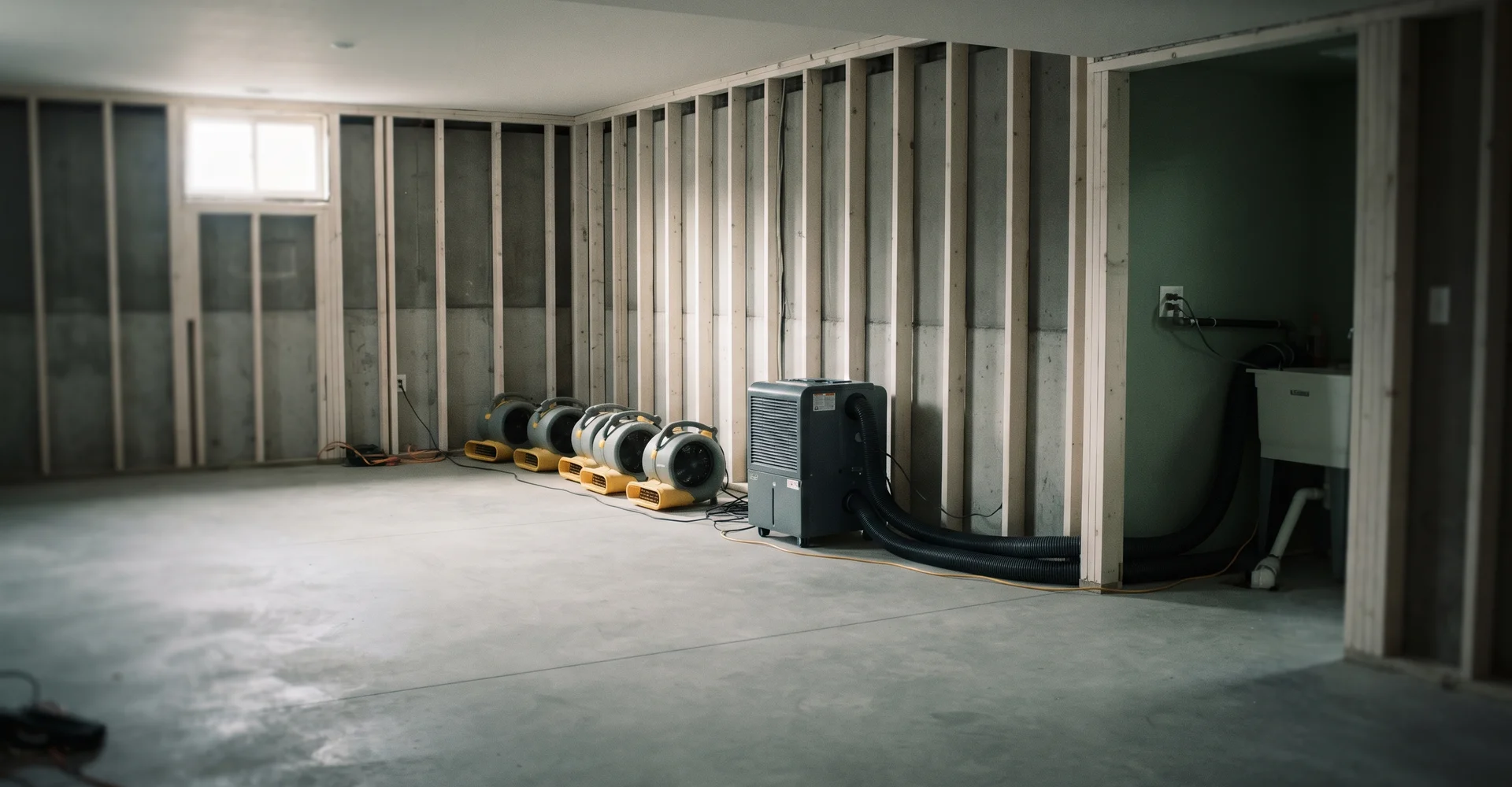 Air movers and a dehumidifier running in a stripped basement