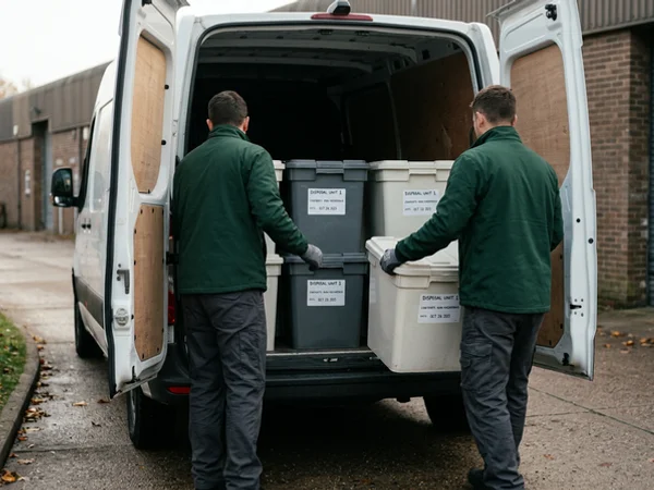 Sealed and labelled waste containers loaded into an unmarked transport van