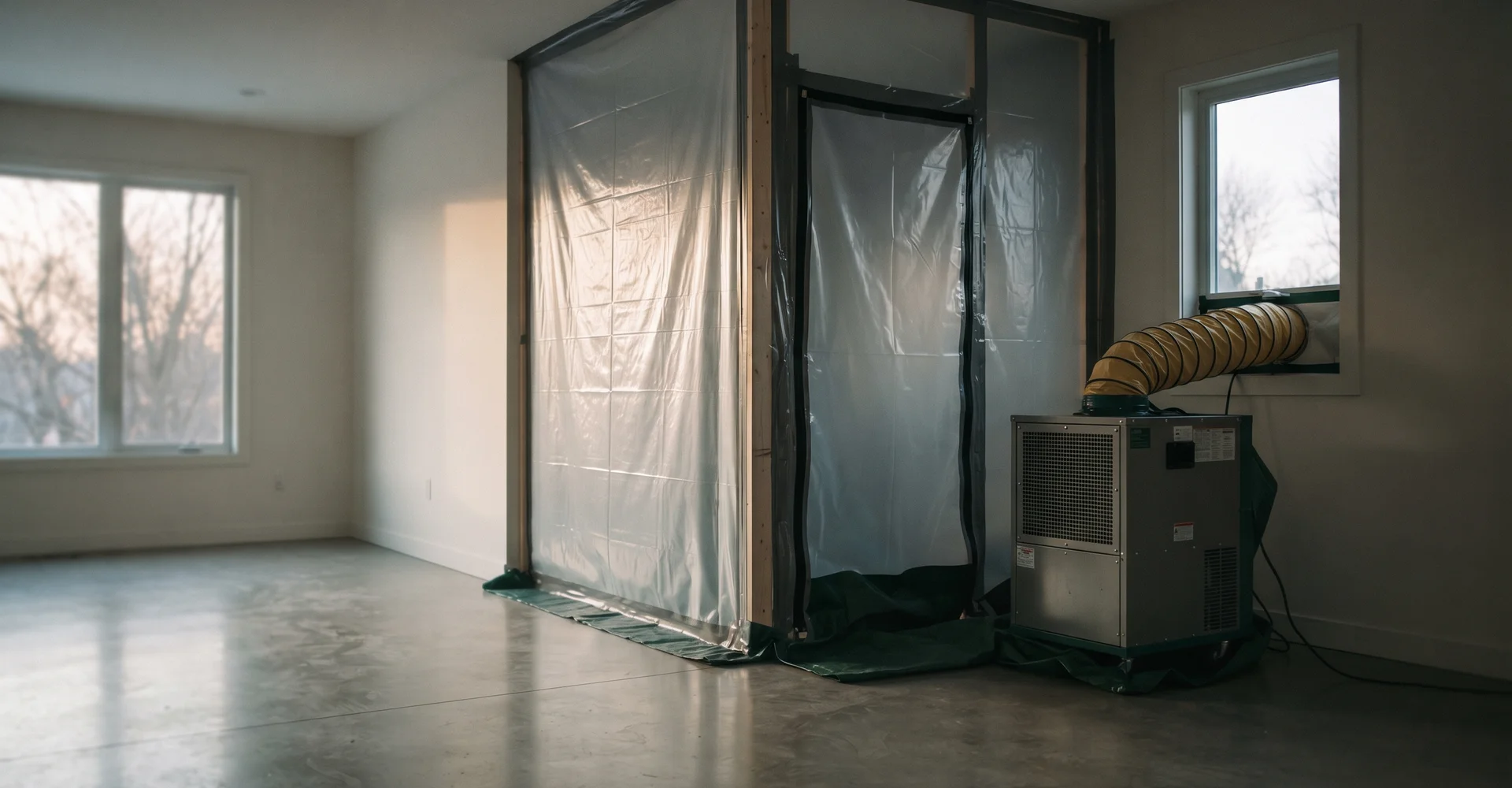 Sealed containment barrier and negative air machine in a decontaminated room