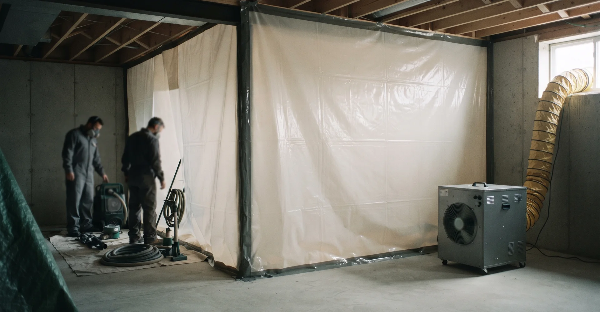 Sealed polyethylene containment barrier and negative air machine in an empty basement