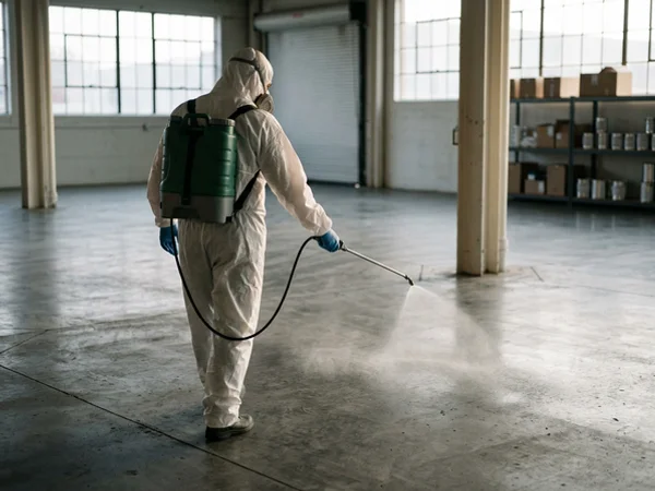 Sprayer applying broad-spectrum disinfectant across a bare concrete slab
