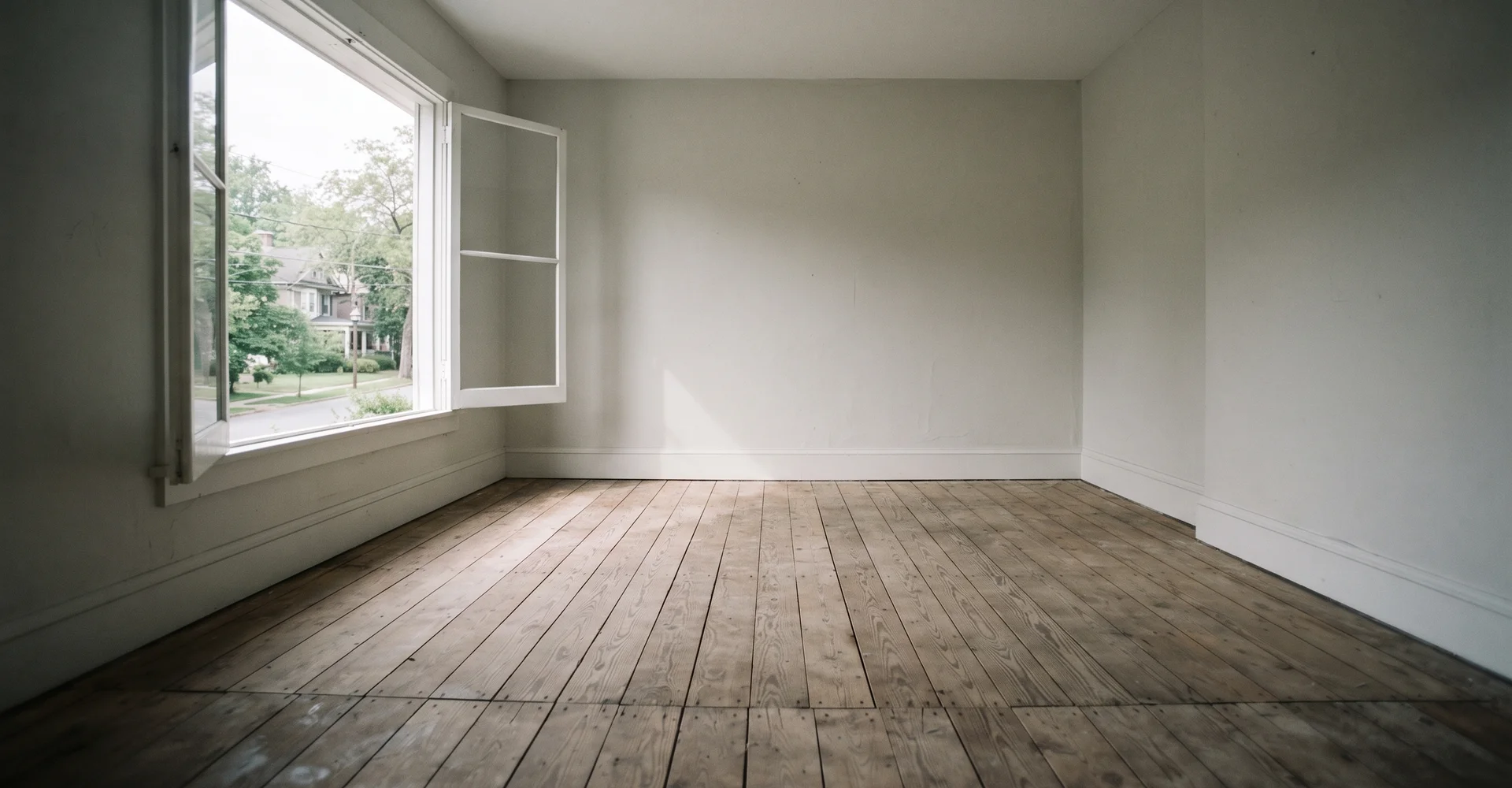 Stripped empty room with clean bare subfloor after squalor decontamination