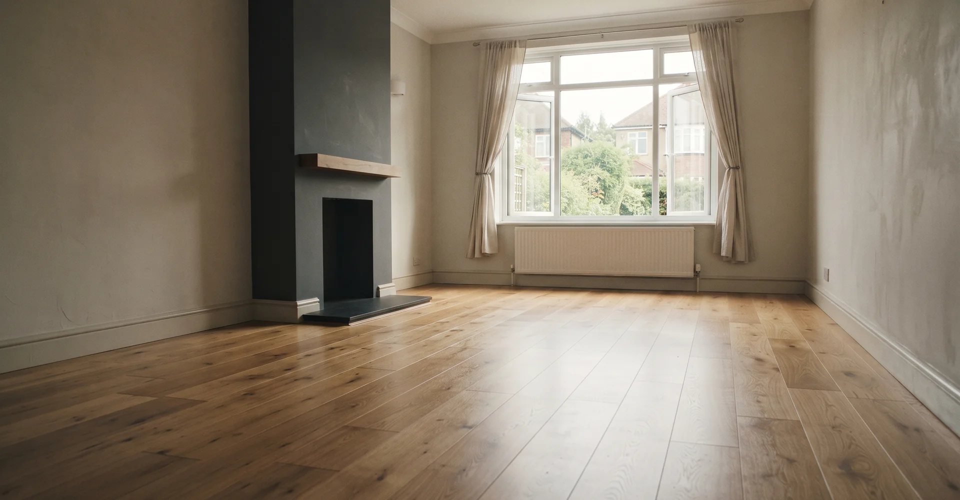 Sunlit empty living room with restored hardwood floor after a full property clearance