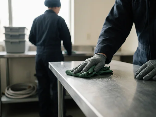 Hands applying hospital-grade disinfectant to a stainless surface