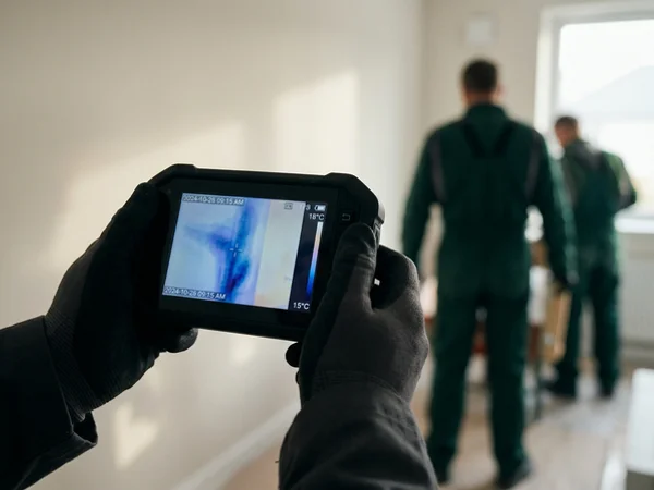 Thermal imaging camera showing a moisture pattern behind a wall
