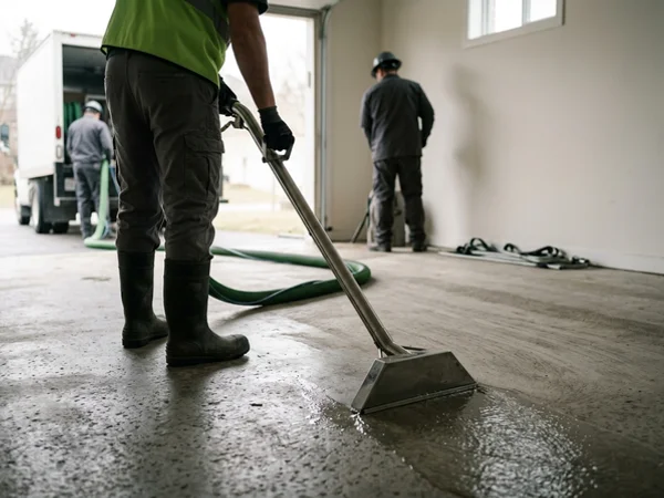 Extraction wand drawing standing water from a bare concrete floor