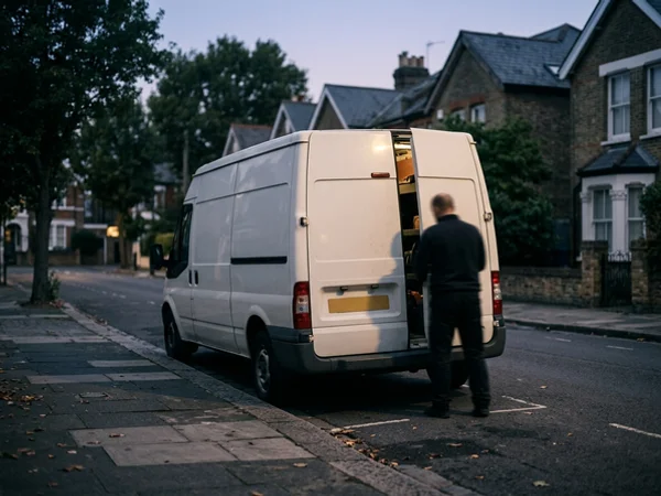 Unmarked plain work van parked quietly on a residential street at dawn